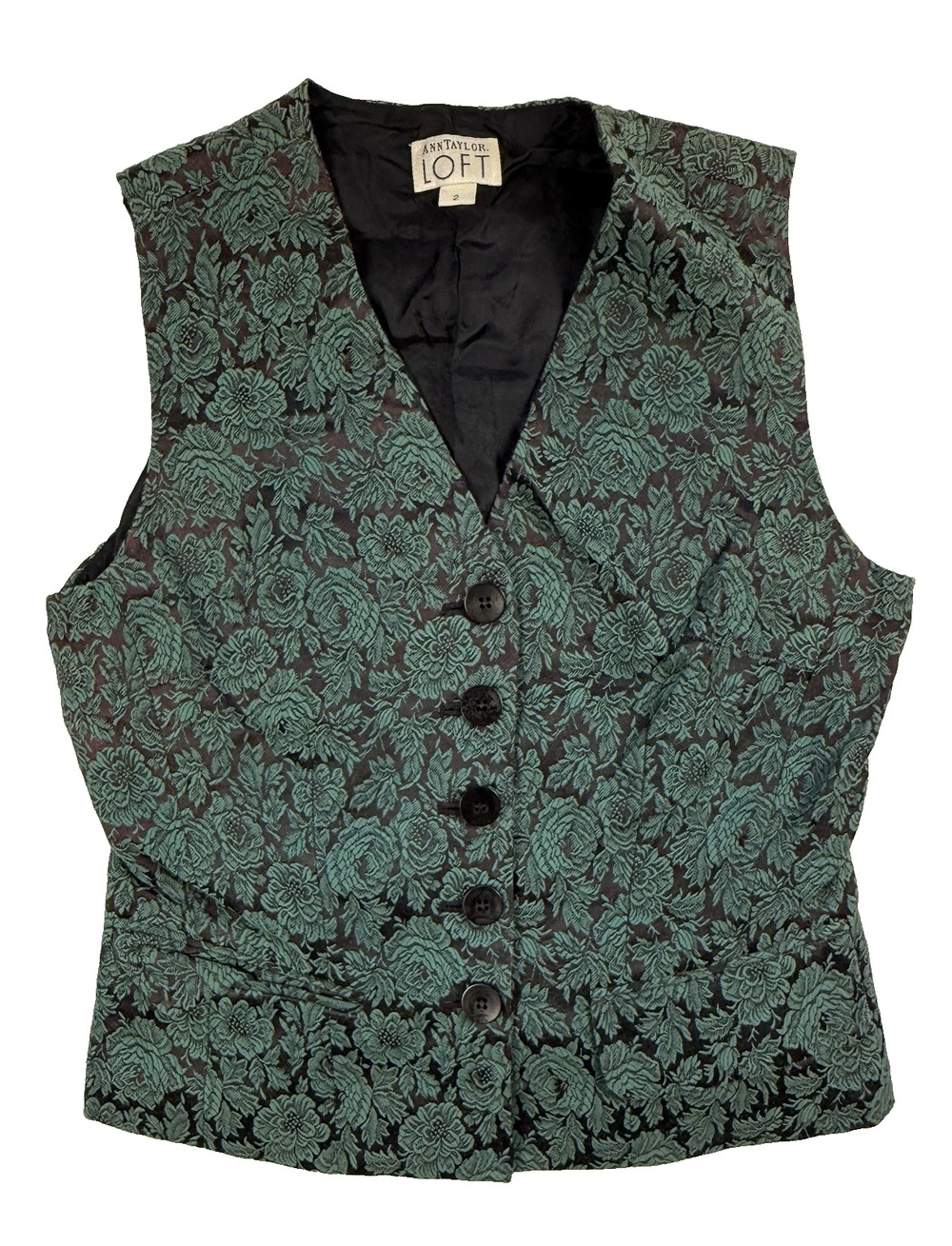 Vtg Ann Taylor Loft Green Floral Jacquard Waistcoat Vest size 2 Cottagecore